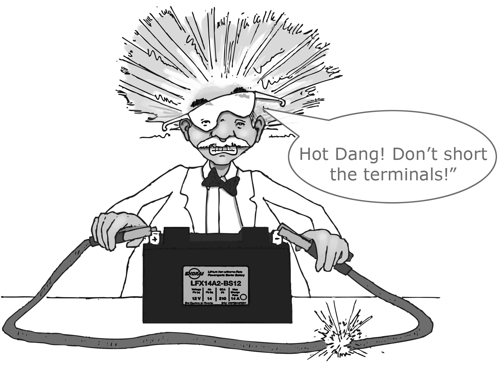 Dr Shock Says "Hot Dang!  Don't short the terminals!"